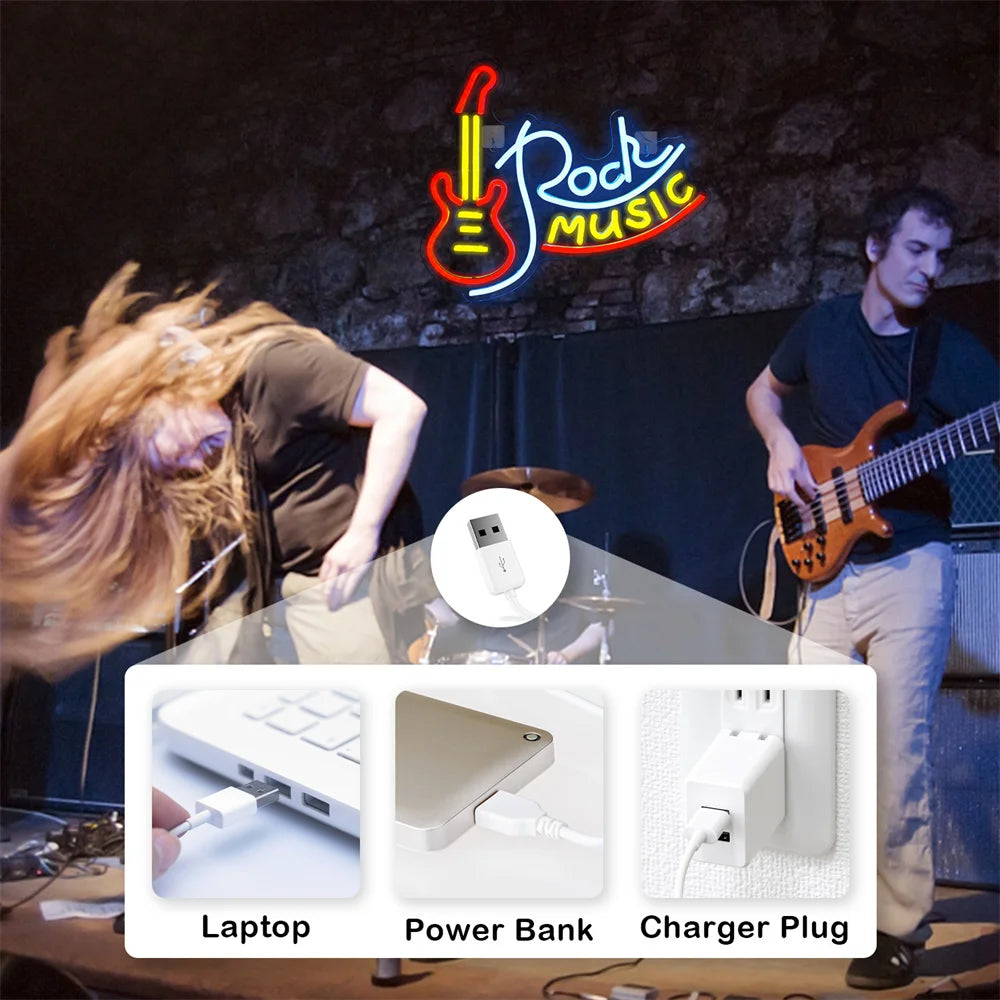 Rock Roll Neon Signs Guitar Music Led Neon Light Art Wall Decor for Game Room Music Party Rock Studio Bar Disco Party Neon