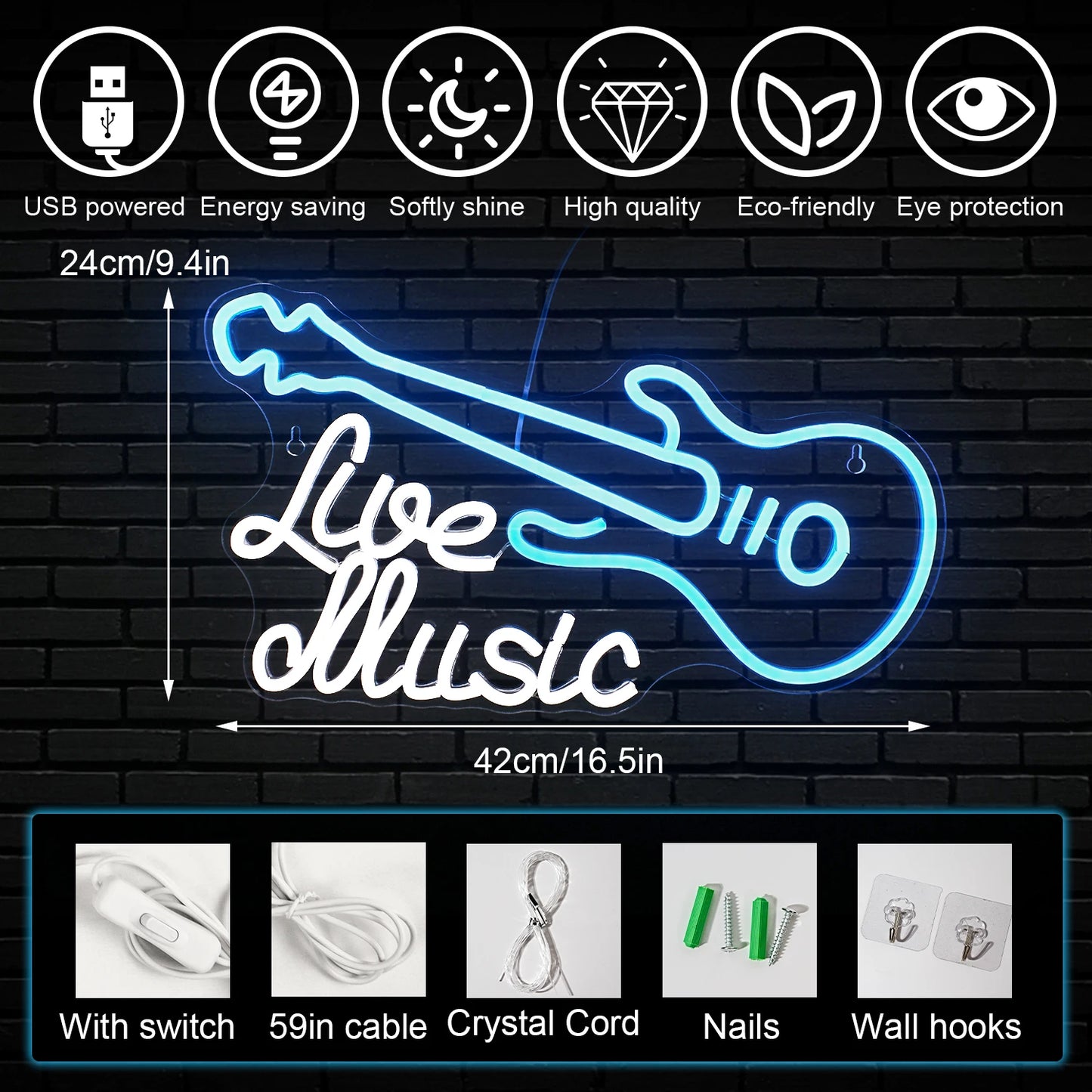 Rock Roll Neon Signs Guitar Music Led Neon Light Art Wall Decor for Game Room Music Party Rock Studio Bar Disco Party Neon