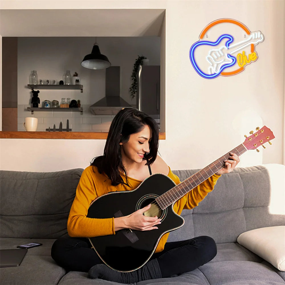 Rock Roll Neon Signs Guitar Music Led Neon Light Art Wall Decor for Game Room Music Party Rock Studio Bar Disco Party Neon