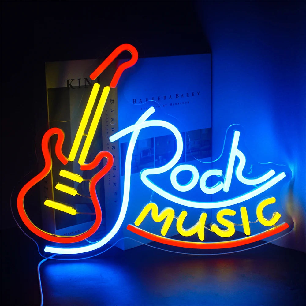 Rock Roll Neon Signs Guitar Music Led Neon Light Art Wall Decor for Game Room Music Party Rock Studio Bar Disco Party Neon