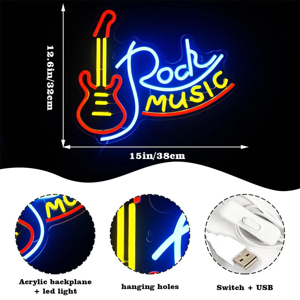 Rock Roll Neon Signs Guitar Music Led Neon Light Art Wall Decor for Game Room Music Party Rock Studio Bar Disco Party Neon