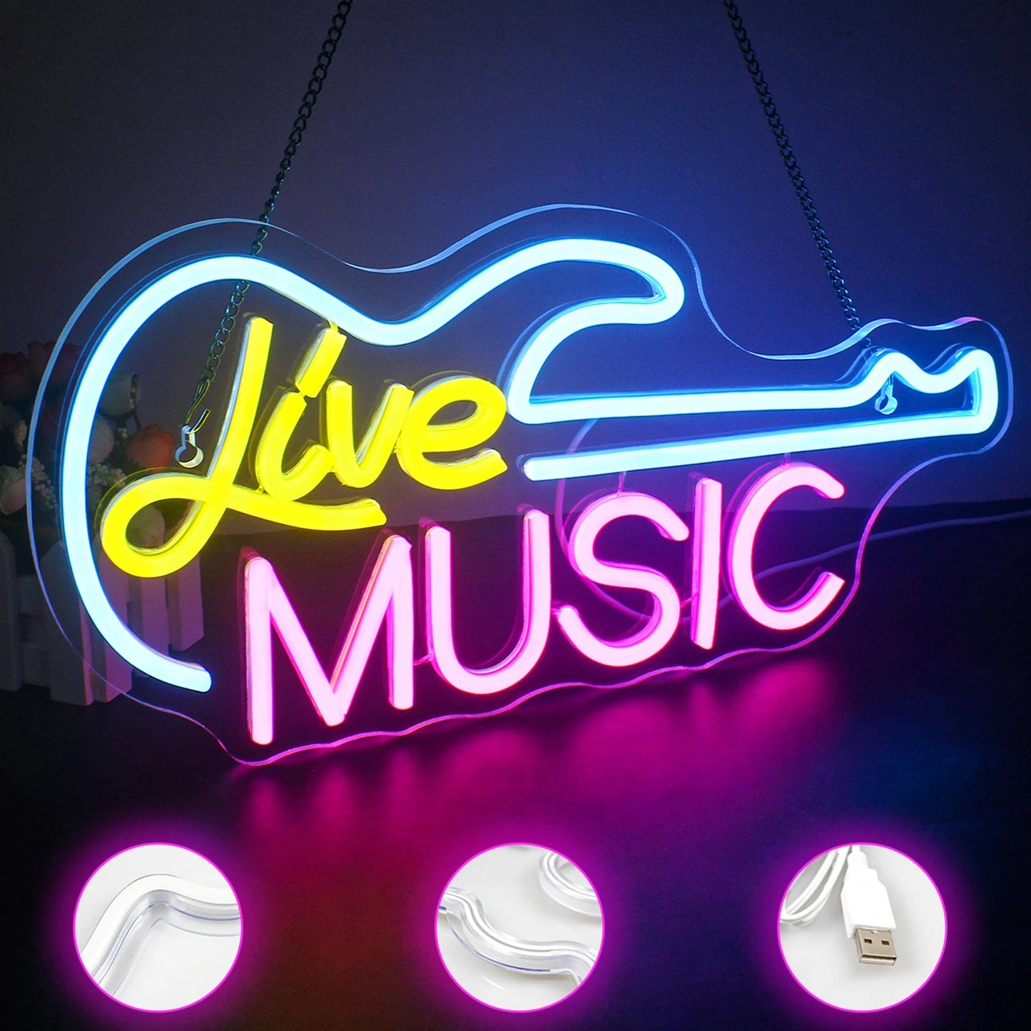 Rock Roll Neon Signs Guitar Music Led Neon Light Art Wall Decor for Game Room Music Party Rock Studio Bar Disco Party Neon