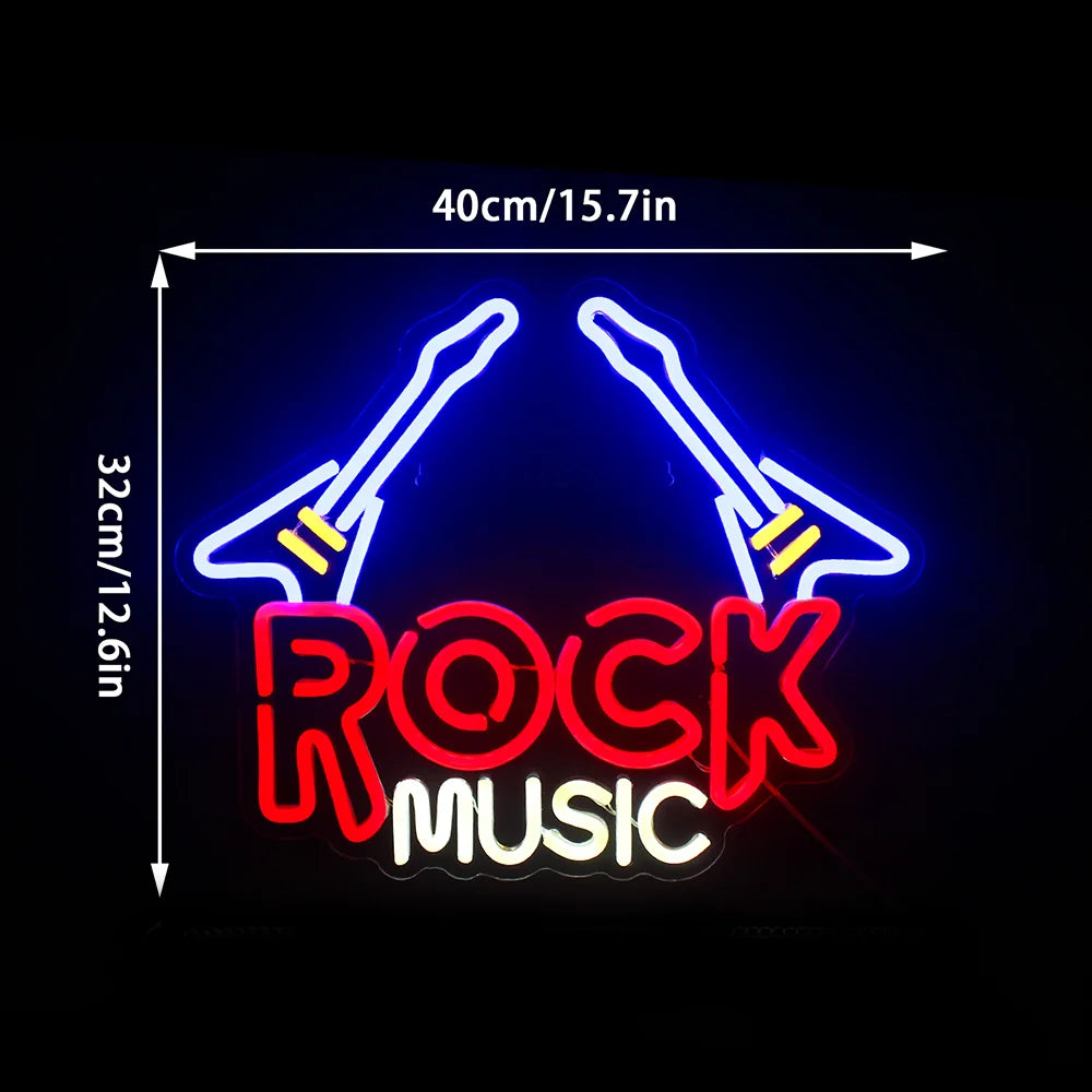 Rock Roll Neon Signs Guitar Music Led Neon Light Art Wall Decor for Game Room Music Party Rock Studio Bar Disco Party Neon