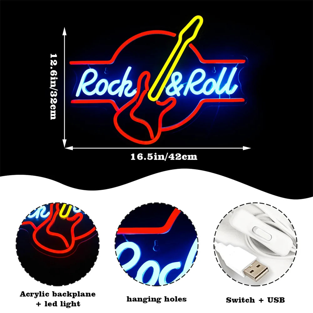 Rock Roll Neon Signs Guitar Music Led Neon Light Art Wall Decor for Game Room Music Party Rock Studio Bar Disco Party Neon
