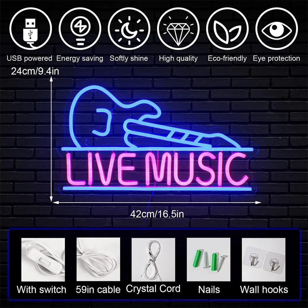 Rock Roll Neon Signs Guitar Music Led Neon Light Art Wall Decor for Game Room Music Party Rock Studio Bar Disco Party Neon
