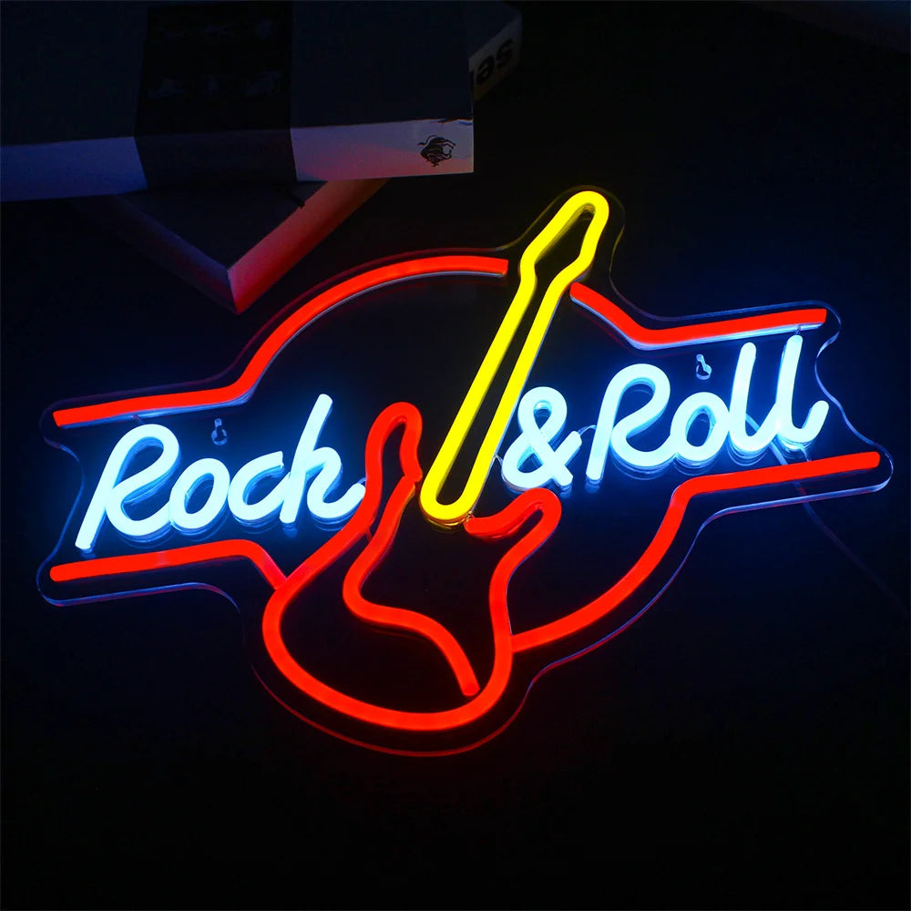 Rock Roll Neon Signs Guitar Music Led Neon Light Art Wall Decor for Game Room Music Party Rock Studio Bar Disco Party Neon