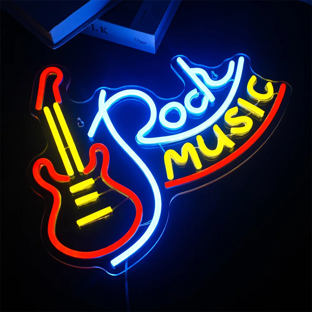 Rock Roll Neon Signs Guitar Music Led Neon Light Art Wall Decor for Game Room Music Party Rock Studio Bar Disco Party Neon