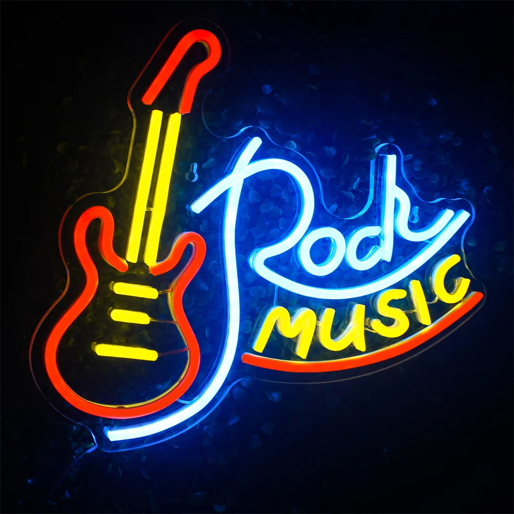 Rock Roll Neon Signs Guitar Music Led Neon Light Art Wall Decor for Game Room Music Party Rock Studio Bar Disco Party Neon