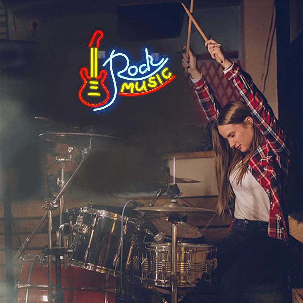 Rock Roll Neon Signs Guitar Music Led Neon Light Art Wall Decor for Game Room Music Party Rock Studio Bar Disco Party Neon