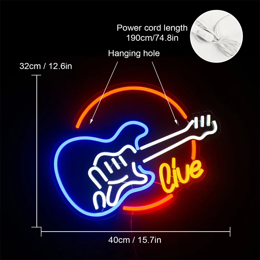Rock Roll Neon Signs Guitar Music Led Neon Light Art Wall Decor for Game Room Music Party Rock Studio Bar Disco Party Neon