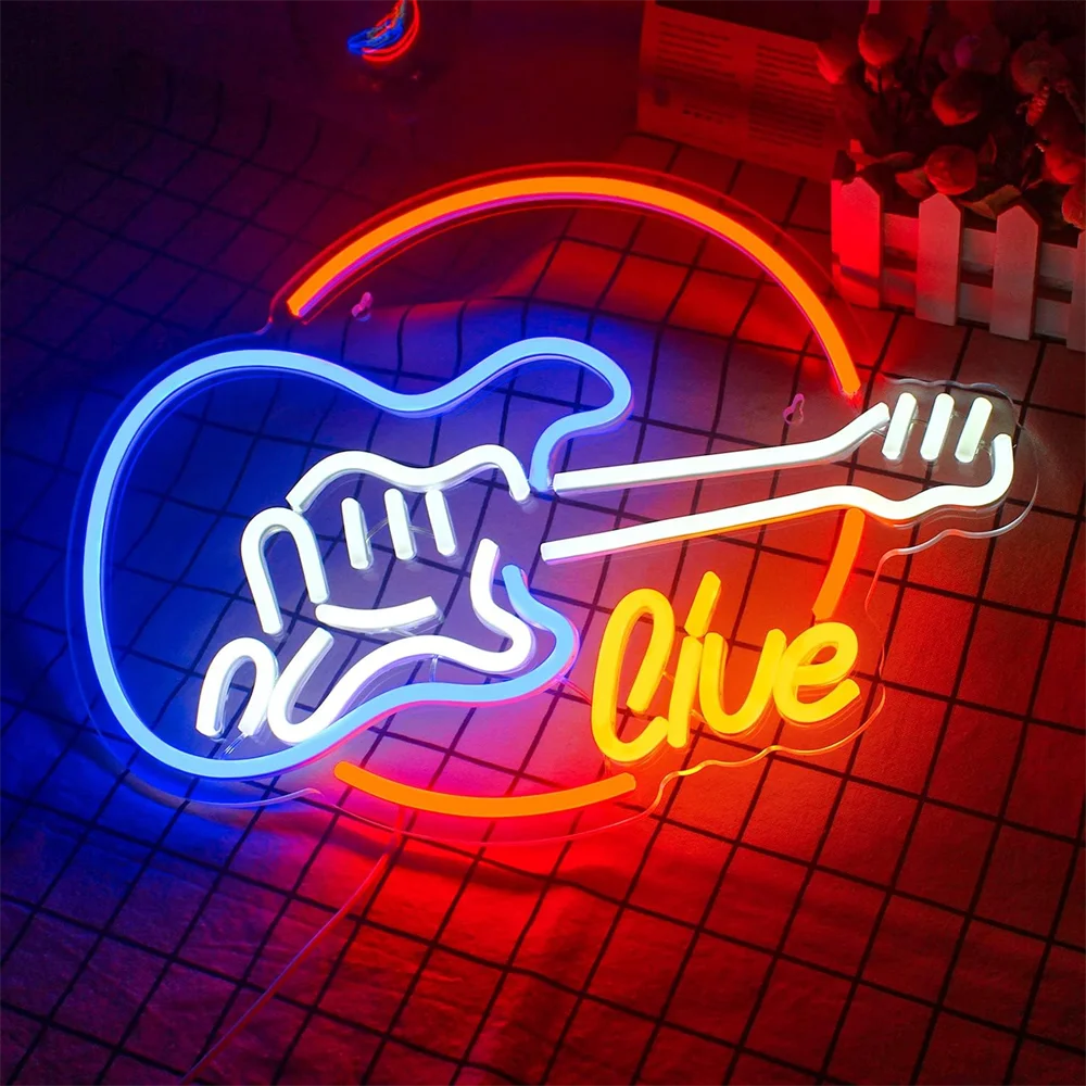 Rock Roll Neon Signs Guitar Music Led Neon Light Art Wall Decor for Game Room Music Party Rock Studio Bar Disco Party Neon