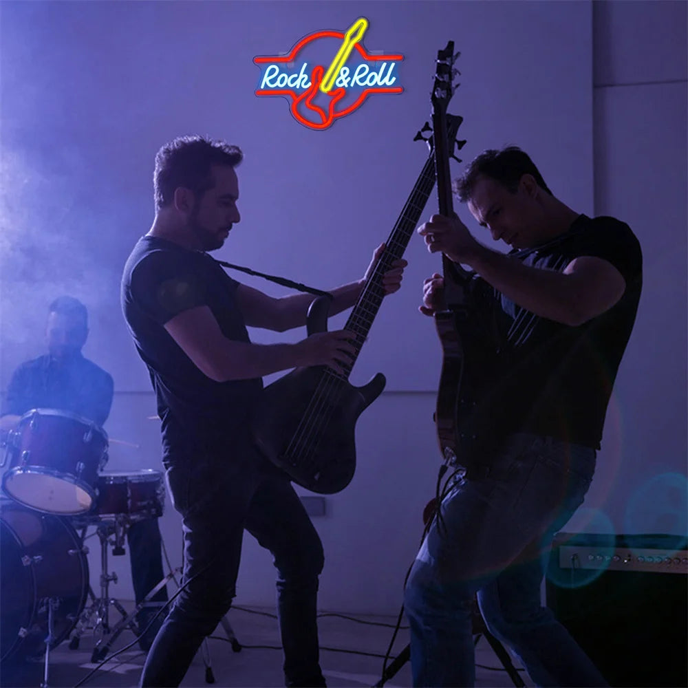 Rock Roll Neon Signs Guitar Music Led Neon Light Art Wall Decor for Game Room Music Party Rock Studio Bar Disco Party Neon