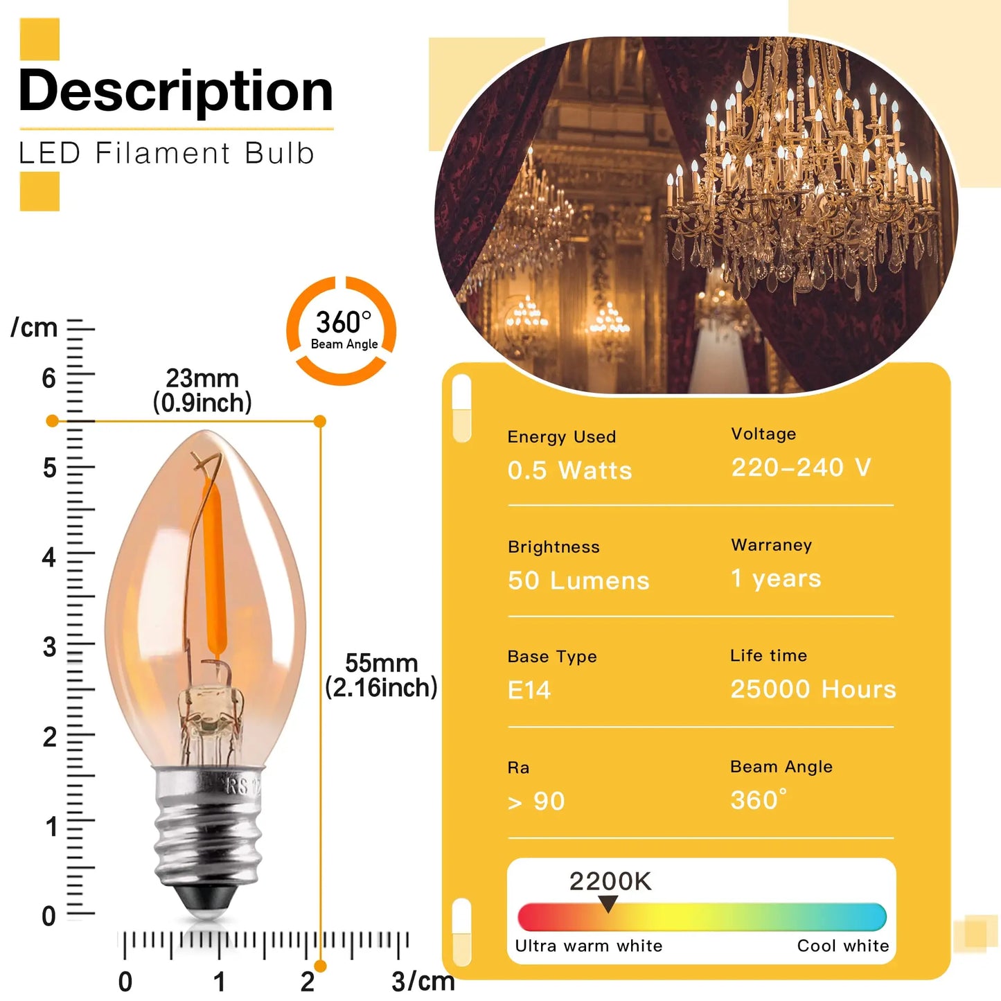 Candle C7 Led Bulb T20 T22 Tubular Mini Night Light E12 E14 Lamp Base Dimmable Edison Filament Bulb Chandelier Replacement Bulbs