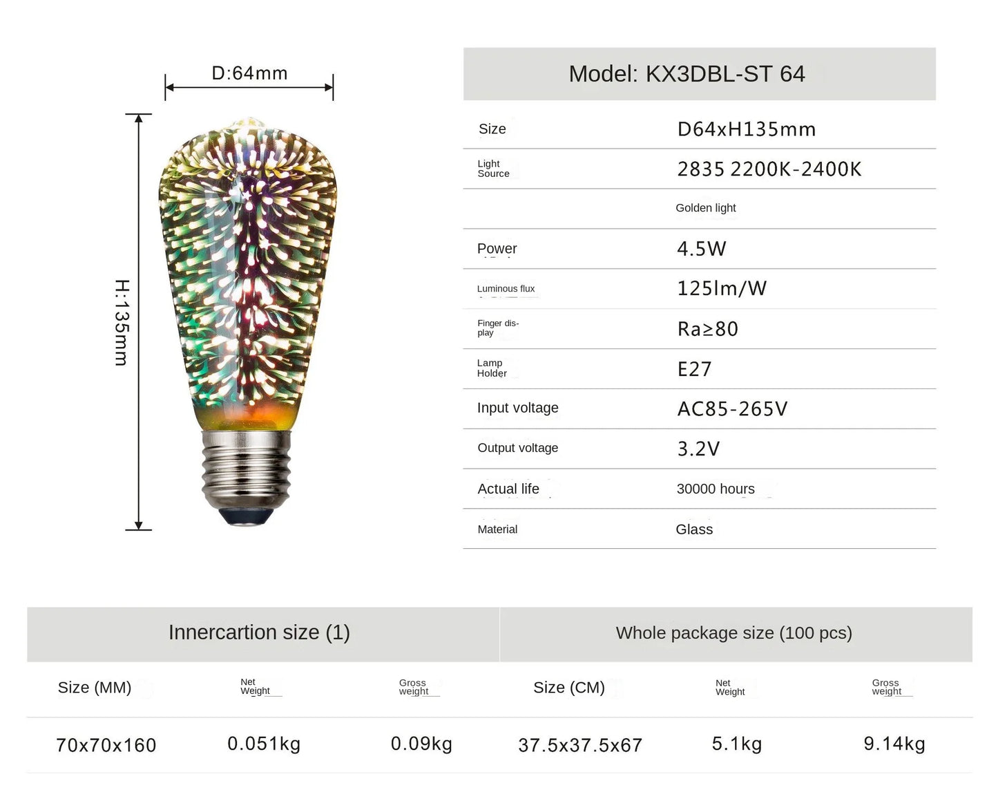 3D Colorful Decoration LED Bulb E27 Retro Lamp Vintage Edison LED Light Bulb ST64 A60 G80 G95 G125 Heart Christmas Night Light